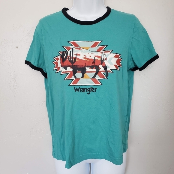 Wrangler Women's Large Turquoise Blue Short Sleeve T-shirt Buffalo Aztec Top - Picture 1 of 6